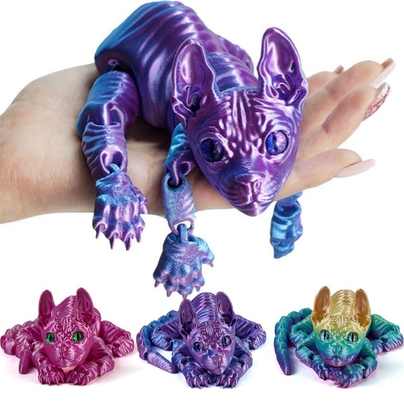3D Printing Xmas - 3Dプリントのスフィンクス猫の動物玩具、リアルな無毛フィギュア、関節可動式の猫フィジェットトイ、猫好きのコレクター向け、クリスマスの家の装飾に