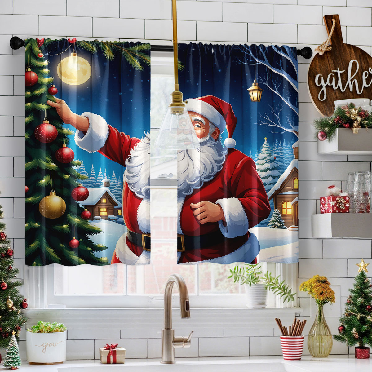 3D Printing Cafe - VIKAMA クリスマスショートバランスカーテン 2枚セット 3Dプリント 防水 防油